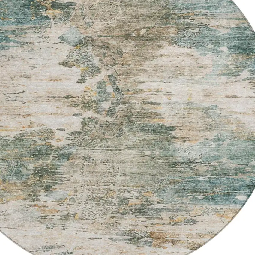 8' Teal Blue And Beige Round Abstract Washable Indoor Outdoor Area Rug Photo 1