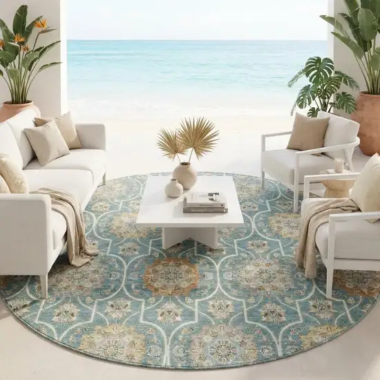 8' Teal Blue And Beige Round Floral Medallion Washable Indoor Outdoor Area Rug Photo 1