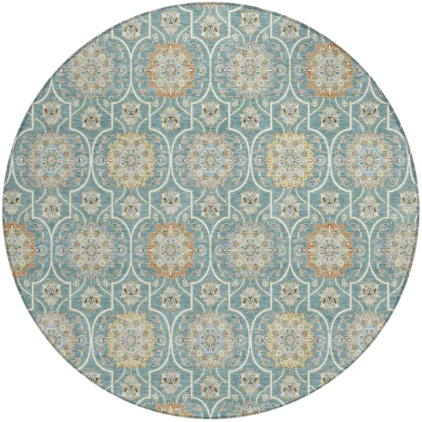 8' Teal Blue And Beige Round Floral Medallion Washable Indoor Outdoor Area Rug Photo 2