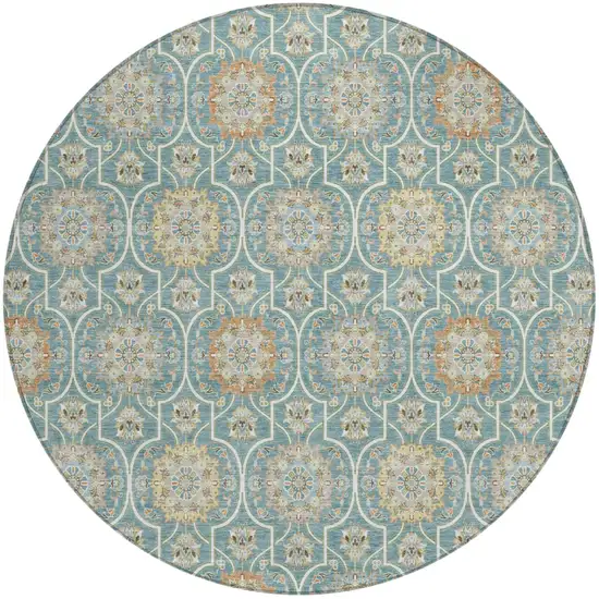 8' Teal Blue And Beige Round Floral Medallion Washable Indoor Outdoor Area Rug Photo 2