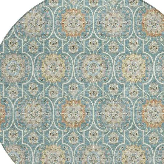 8' Teal Blue And Beige Round Floral Medallion Washable Indoor Outdoor Area Rug Photo 5