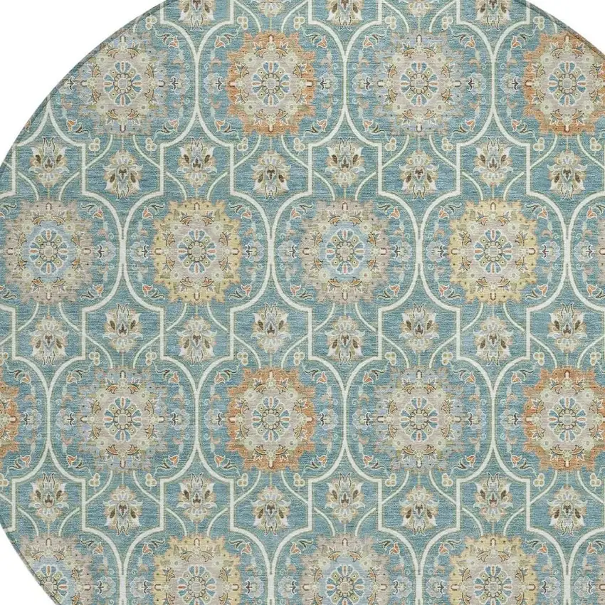 8' Teal Blue And Beige Round Floral Medallion Washable Indoor Outdoor Area Rug Photo 5