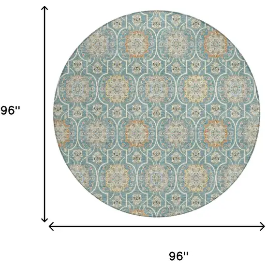 8' Teal Blue And Beige Round Floral Medallion Washable Indoor Outdoor Area Rug Photo 8