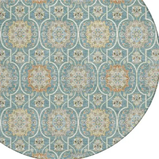 8' Teal Blue And Beige Round Floral Medallion Washable Indoor Outdoor Area Rug Photo 4