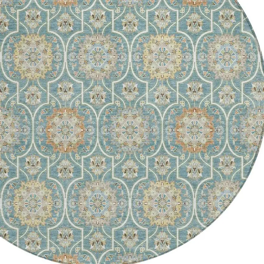 8' Teal Blue And Beige Round Floral Medallion Washable Indoor Outdoor Area Rug Photo 4