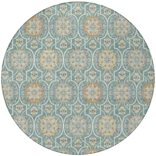 8' Teal Blue And Beige Round Floral Medallion Washable Indoor Outdoor Area Rug Photo 3
