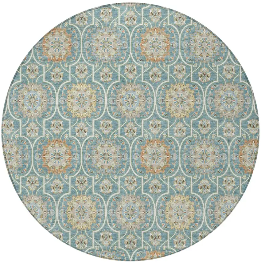8' Teal Blue And Beige Round Floral Medallion Washable Indoor Outdoor Area Rug Photo 3