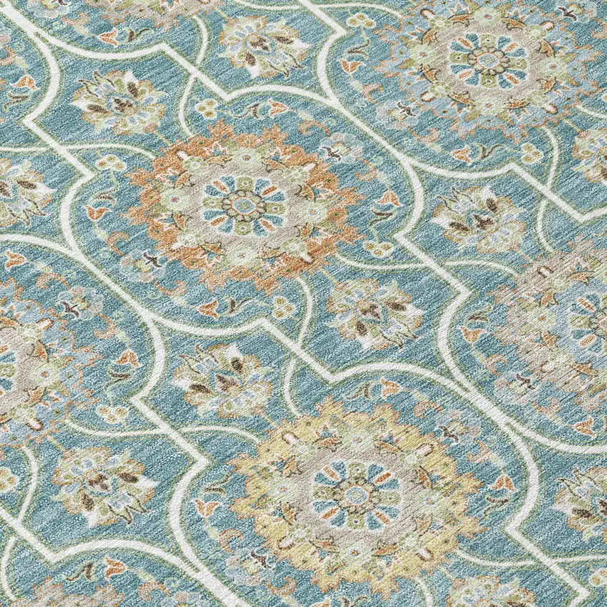 8' Teal Blue And Beige Round Floral Medallion Washable Indoor Outdoor Area Rug Photo 7