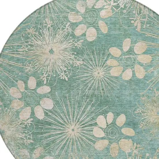 8' Teal Blue And Beige Round Floral Washable Indoor Outdoor Area Rug Photo 6