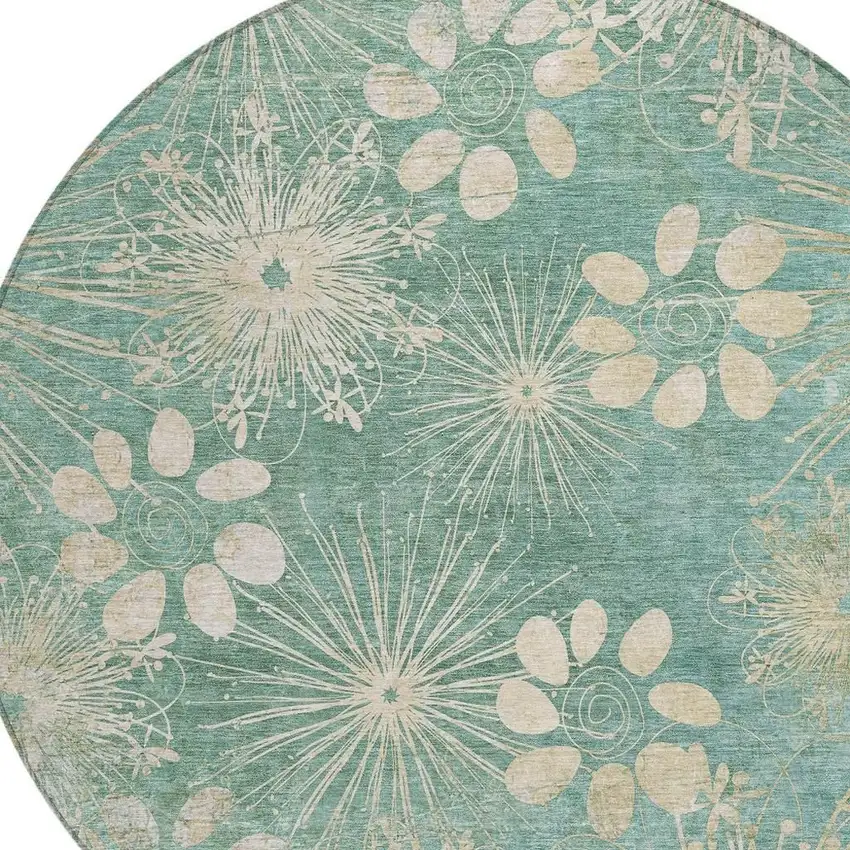8' Teal Blue And Beige Round Floral Washable Indoor Outdoor Area Rug Photo 6