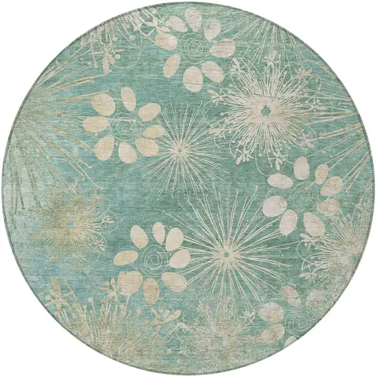 8' Teal Blue And Beige Round Floral Washable Indoor Outdoor Area Rug Photo 4