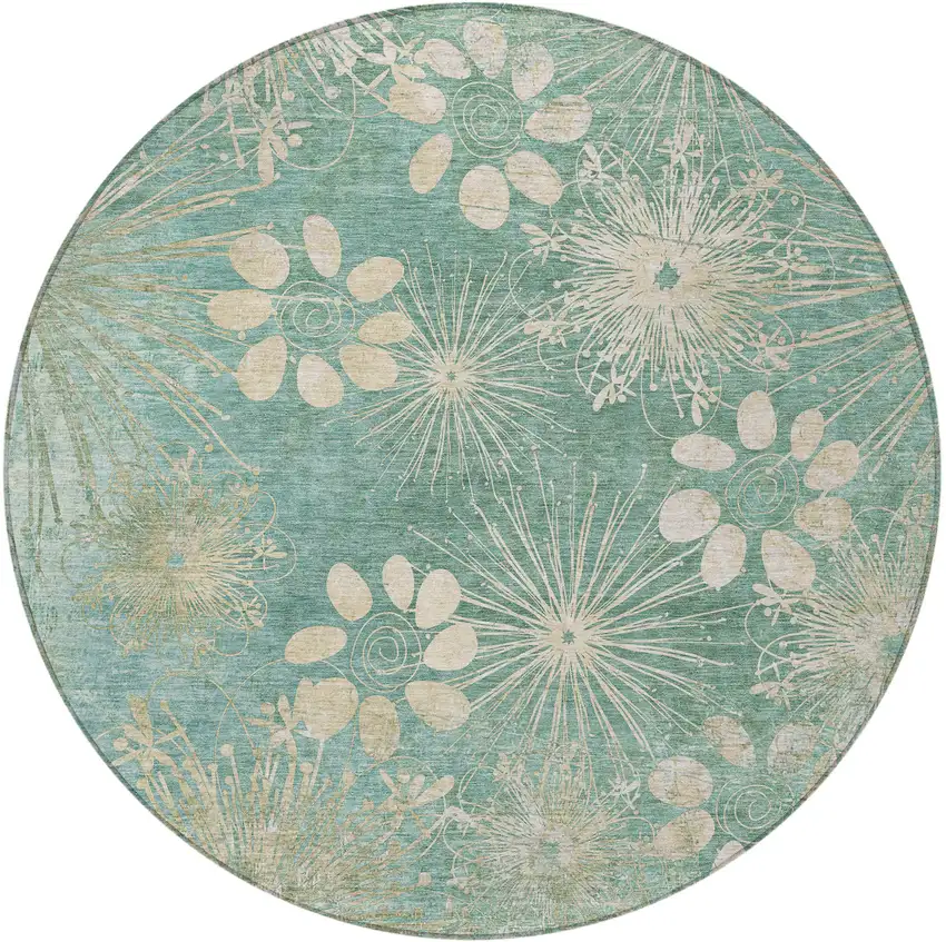 8' Teal Blue And Beige Round Floral Washable Indoor Outdoor Area Rug Photo 4