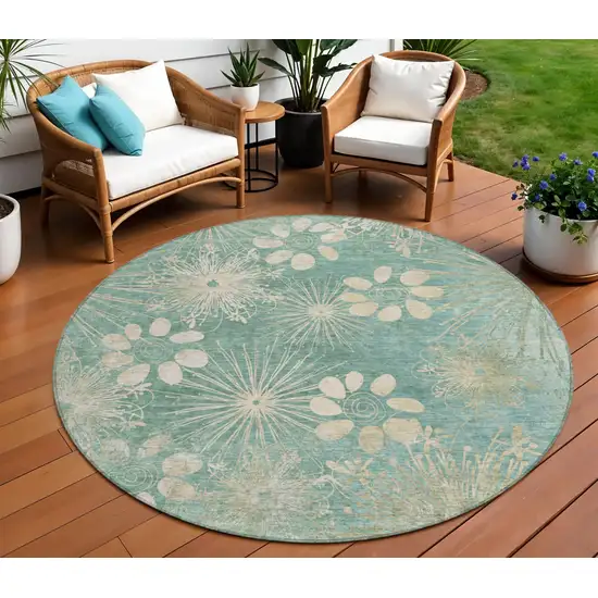 8' Teal Blue And Beige Round Floral Washable Indoor Outdoor Area Rug Photo 1