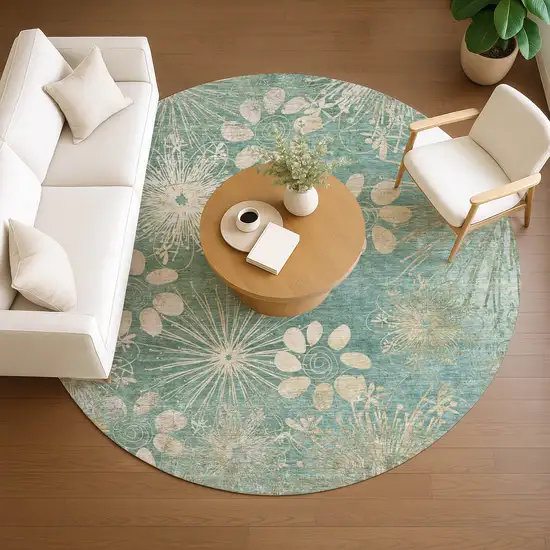 8' Teal Blue And Beige Round Floral Washable Indoor Outdoor Area Rug Photo 9