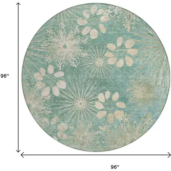 8' Teal Blue And Beige Round Floral Washable Indoor Outdoor Area Rug Photo 3