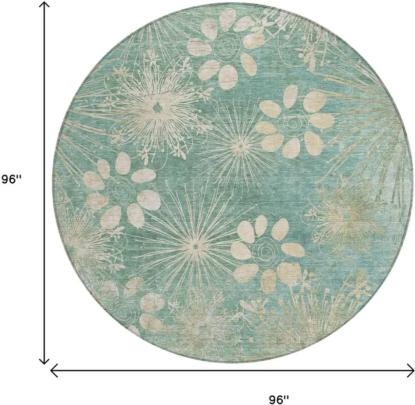 8' Teal Blue And Beige Round Floral Washable Indoor Outdoor Area Rug Photo 3