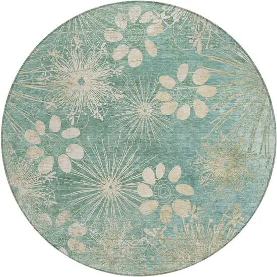 8' Teal Blue And Beige Round Floral Washable Indoor Outdoor Area Rug Photo 2