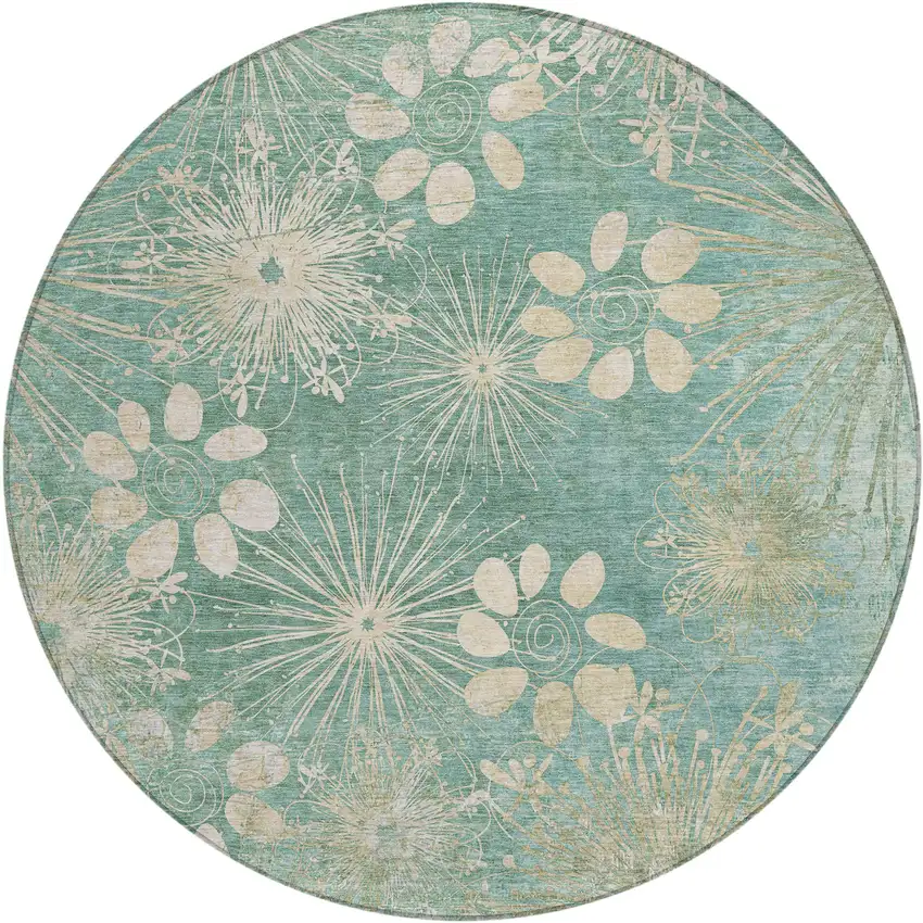 8' Teal Blue And Beige Round Floral Washable Indoor Outdoor Area Rug Photo 2
