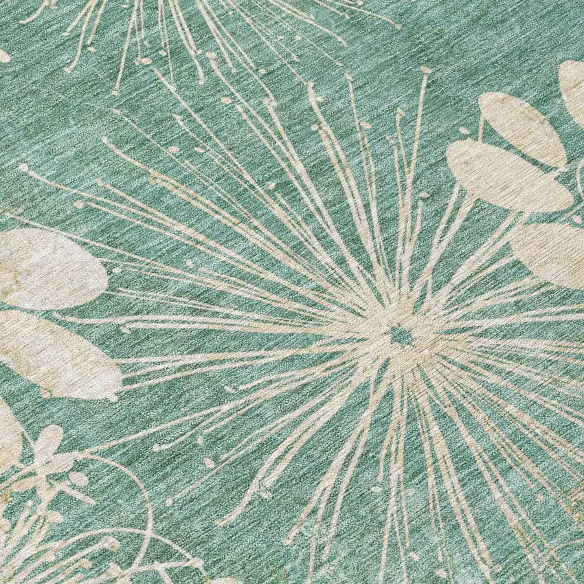 8' Teal Blue And Beige Round Floral Washable Indoor Outdoor Area Rug Photo 7