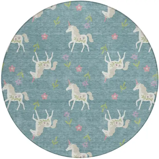 8' Teal Blue And Beige Round Floral Washable Indoor Outdoor Area Rug Photo 2