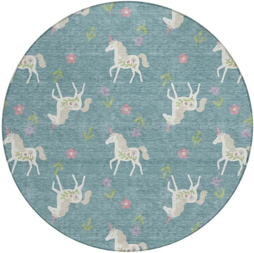 8' Teal Blue And Beige Round Floral Washable Indoor Outdoor Area Rug Photo 2