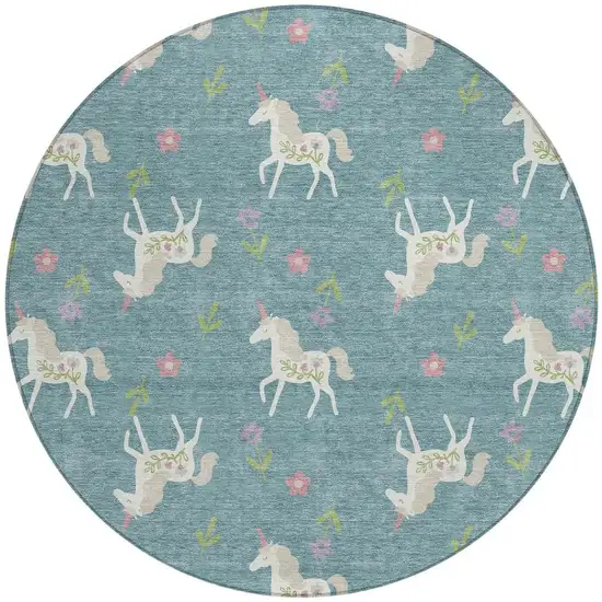 8' Teal Blue And Beige Round Floral Washable Indoor Outdoor Area Rug Photo 3