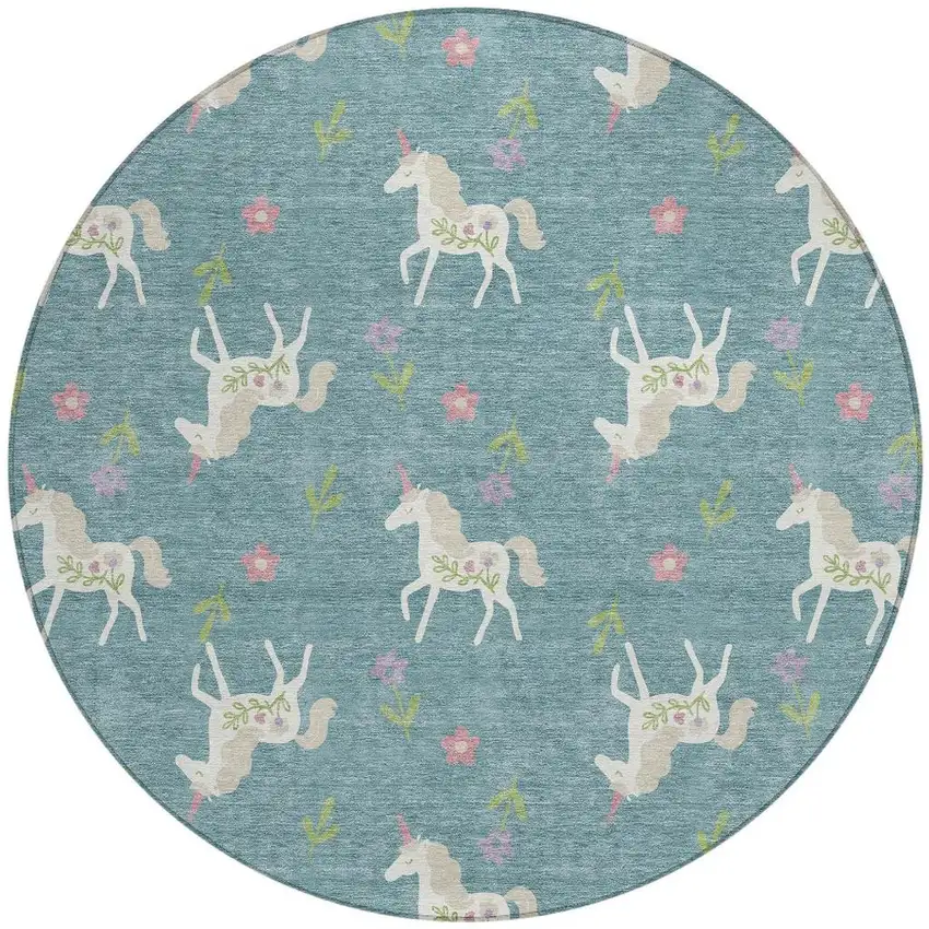 8' Teal Blue And Beige Round Floral Washable Indoor Outdoor Area Rug Photo 3