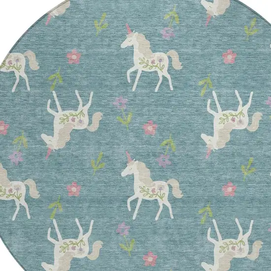 8' Teal Blue And Beige Round Floral Washable Indoor Outdoor Area Rug Photo 5