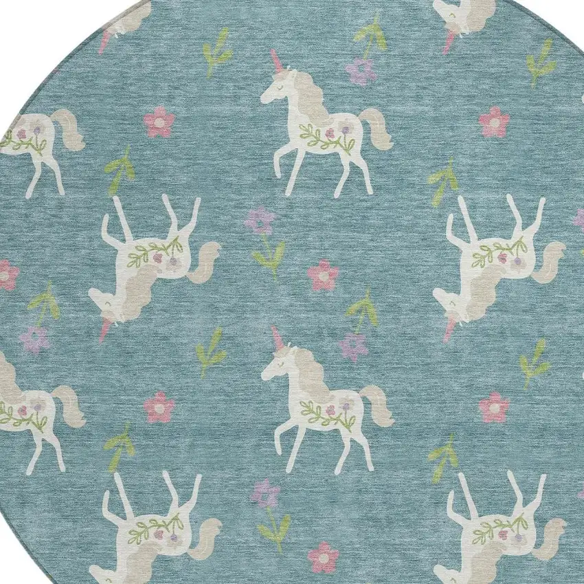 8' Teal Blue And Beige Round Floral Washable Indoor Outdoor Area Rug Photo 5