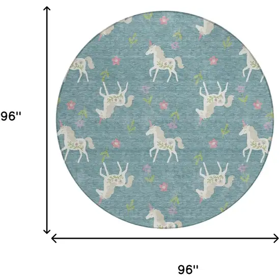 8' Teal Blue And Beige Round Floral Washable Indoor Outdoor Area Rug Photo 8