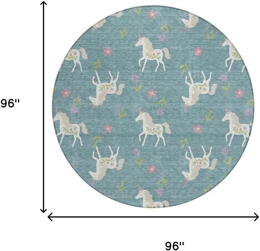 8' Teal Blue And Beige Round Floral Washable Indoor Outdoor Area Rug Photo 8