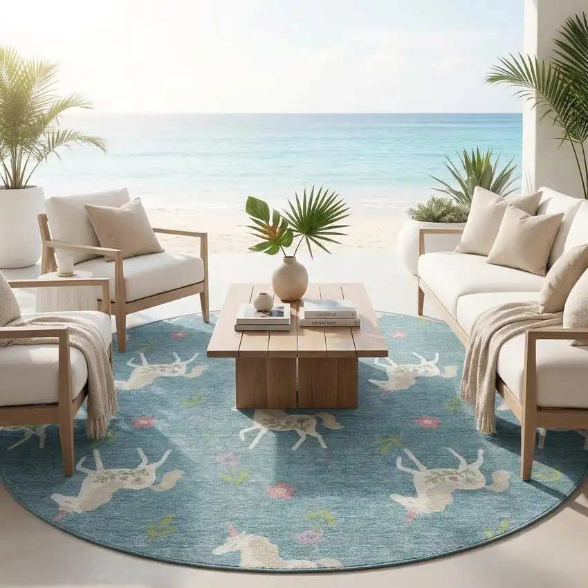 8' Teal Blue And Beige Round Floral Washable Indoor Outdoor Area Rug Photo 1