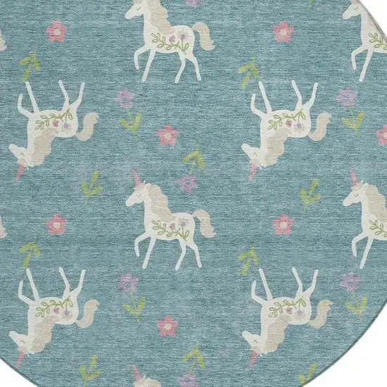 8' Teal Blue And Beige Round Floral Washable Indoor Outdoor Area Rug Photo 4