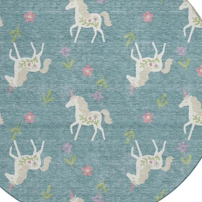 8' Teal Blue And Beige Round Floral Washable Indoor Outdoor Area Rug Photo 4