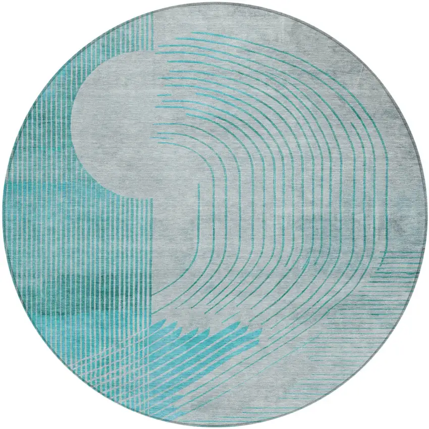 8' Teal Blue And Beige Round Geometric Washable Indoor Outdoor Area Rug Photo 1