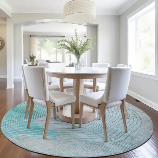 8' Teal Blue And Beige Round Geometric Washable Indoor Outdoor Area Rug Photo 6