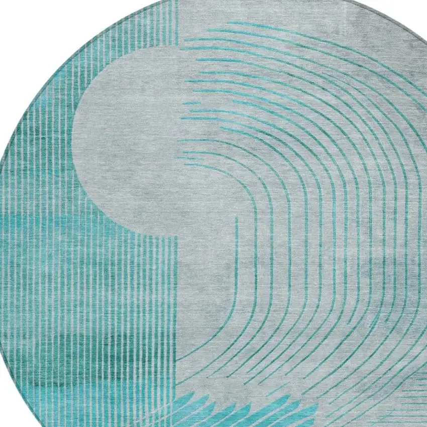 8' Teal Blue And Beige Round Geometric Washable Indoor Outdoor Area Rug Photo 8