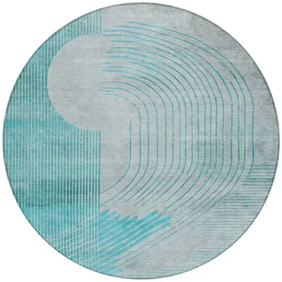8' Teal Blue And Beige Round Geometric Washable Indoor Outdoor Area Rug Photo 3