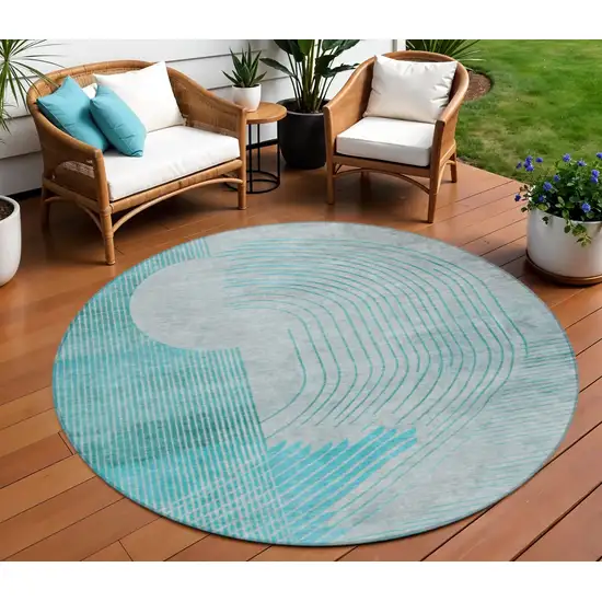 8' Teal Blue And Beige Round Geometric Washable Indoor Outdoor Area Rug Photo 2