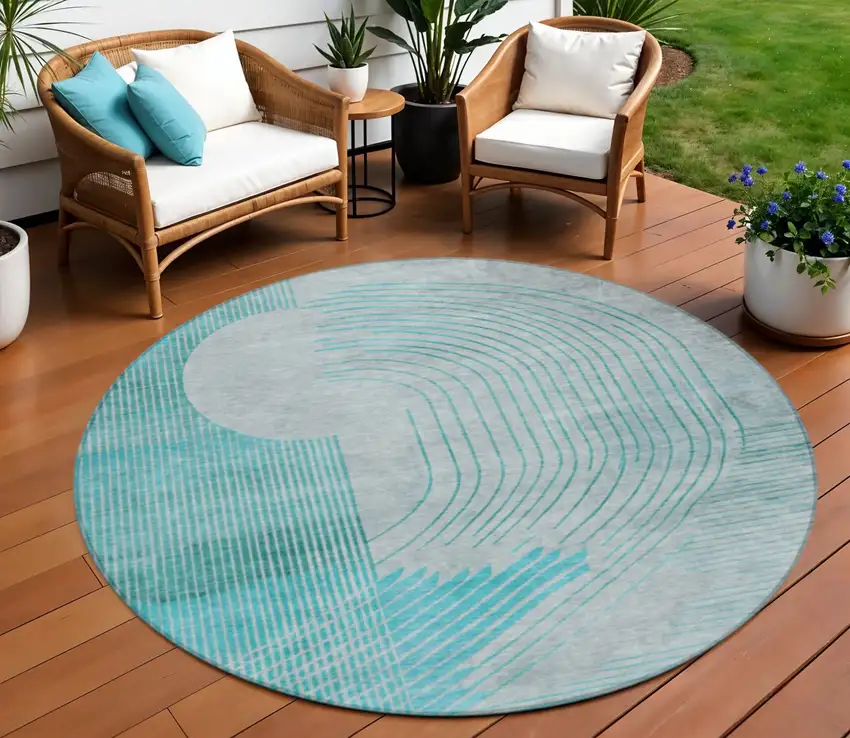 8' Teal Blue And Beige Round Geometric Washable Indoor Outdoor Area Rug Photo 2