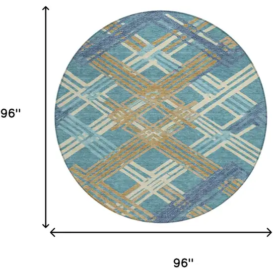 8' Teal Blue And Beige Round Geometric Washable Indoor Outdoor Area Rug Photo 8