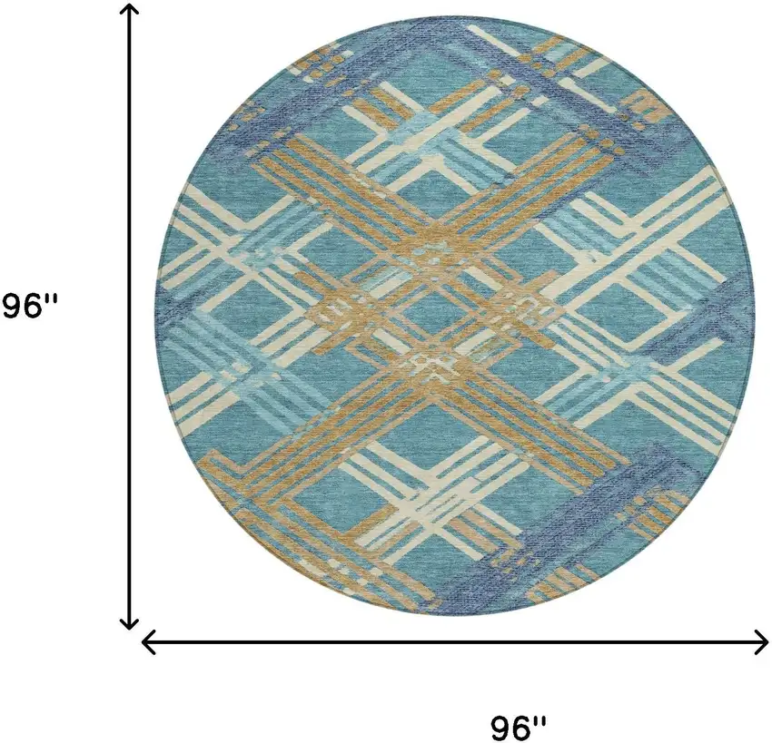 8' Teal Blue And Beige Round Geometric Washable Indoor Outdoor Area Rug Photo 8