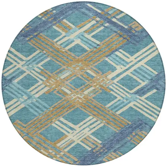 8' Teal Blue And Beige Round Geometric Washable Indoor Outdoor Area Rug Photo 2
