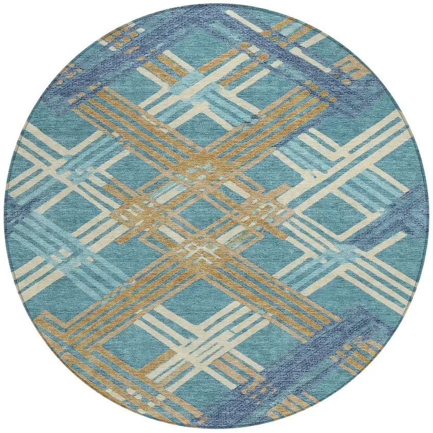8' Teal Blue And Beige Round Geometric Washable Indoor Outdoor Area Rug Photo 2