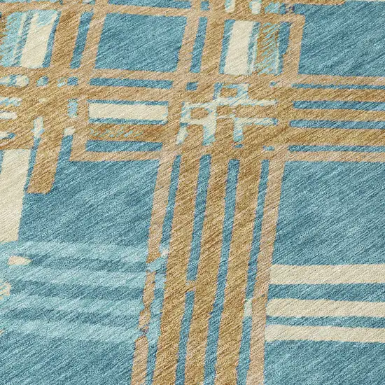 8' Teal Blue And Beige Round Geometric Washable Indoor Outdoor Area Rug Photo 7