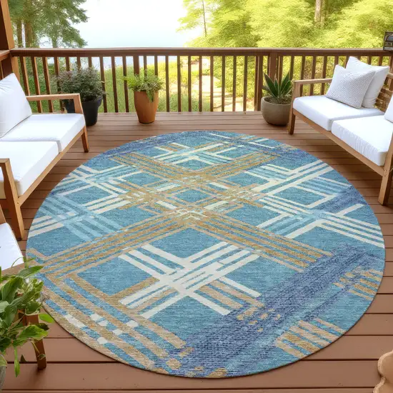 8' Teal Blue And Beige Round Geometric Washable Indoor Outdoor Area Rug Photo 4