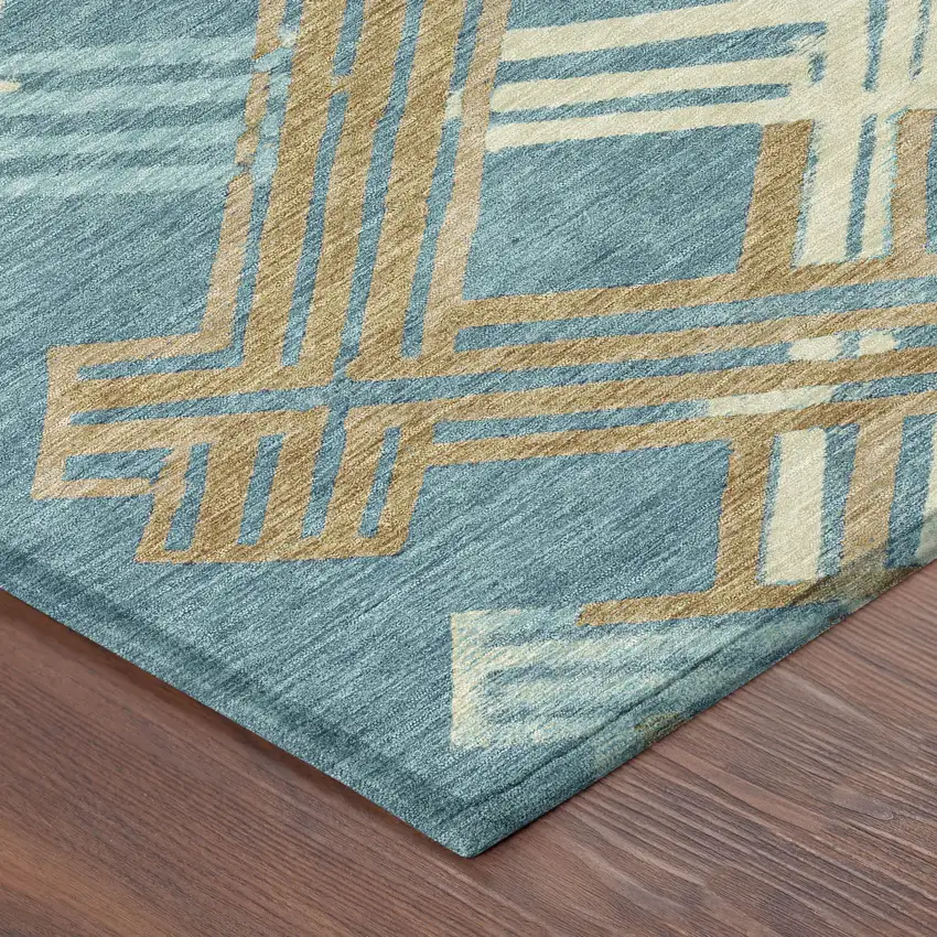 8' Teal Blue And Beige Round Geometric Washable Indoor Outdoor Area Rug Photo 6