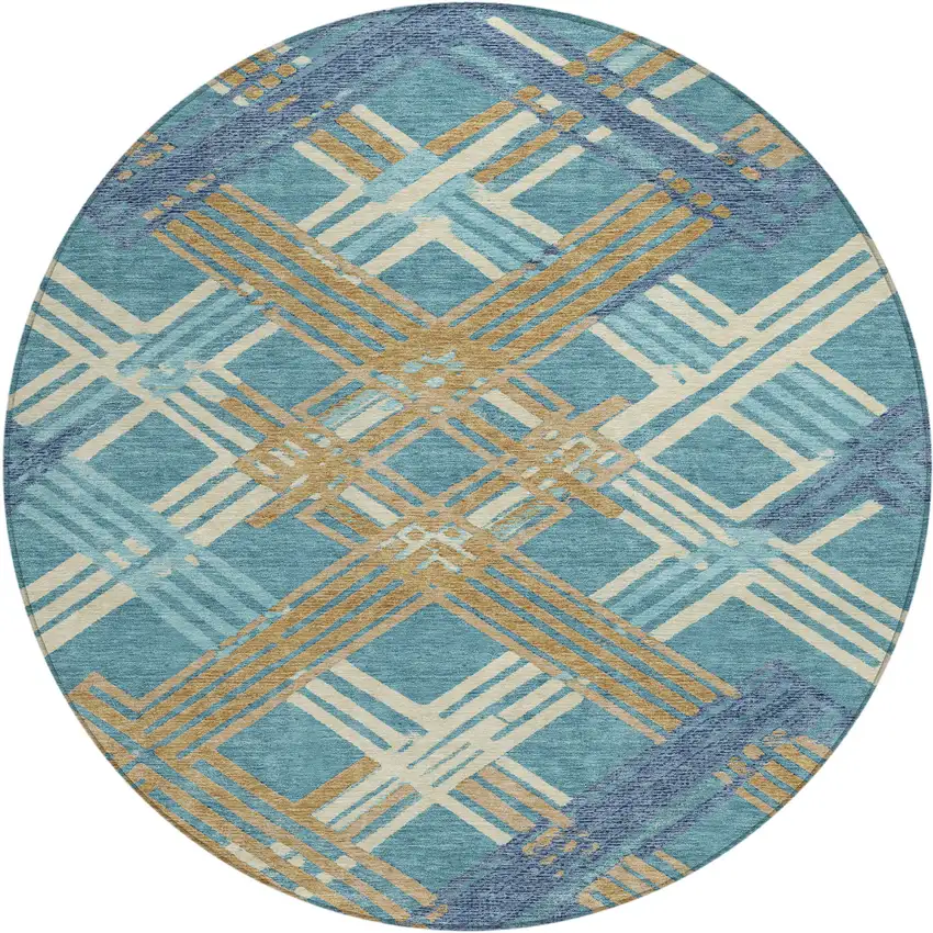 8' Teal Blue And Beige Round Geometric Washable Indoor Outdoor Area Rug Photo 1
