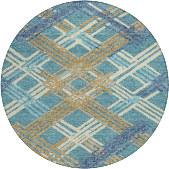 8' Teal Blue And Beige Round Geometric Washable Indoor Outdoor Area Rug Photo 1