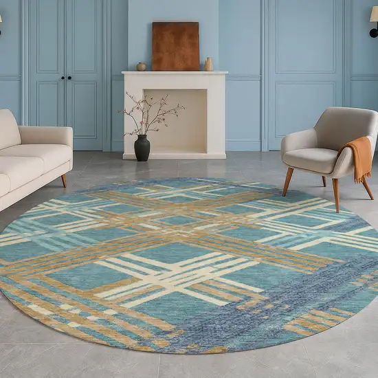 8' Teal Blue And Beige Round Geometric Washable Indoor Outdoor Area Rug Photo 5